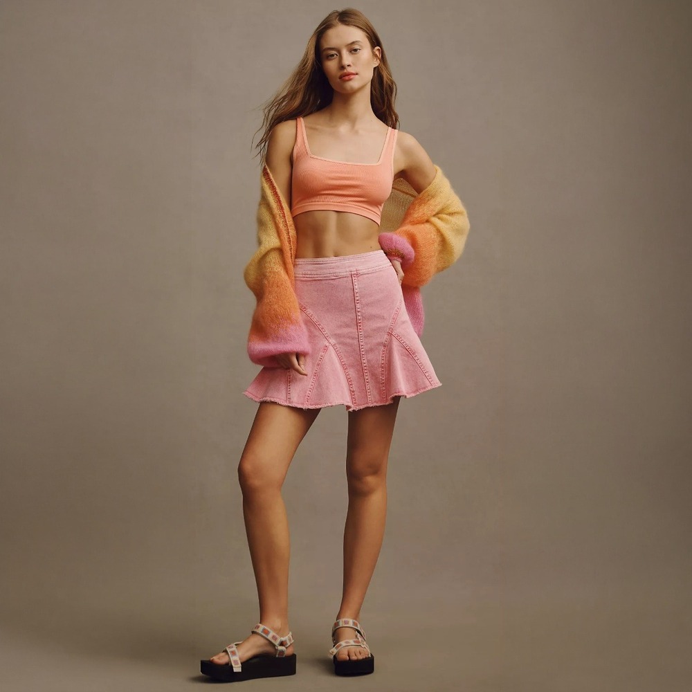 Anthropologie Pilcro Seamed Flared High Rise Denim Mini Skirt Pink Women 10